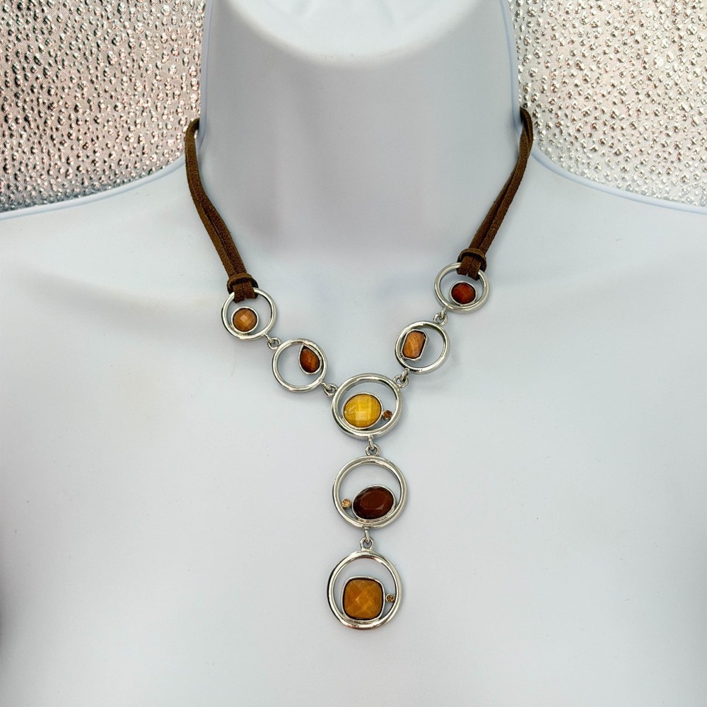 Lia Sophia Silver Tone Amber Brown Stone Y-Drop Necklace Brown Suede Cord